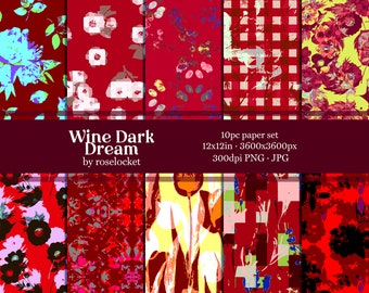 Wine Red Glitch Floral Repeating Pattern, edgy digital paper, Neo 80's vaporwave printable