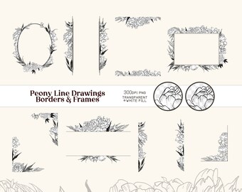 Peony Line Drawing PNG borders and frames, Transparent PNG borders for weddings and special occasions