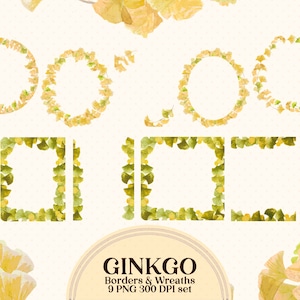 Puede incluir: Un conjunto de nueve ilustraciones digitales que presentan guirnaldas y bordes de hojas de ginkgo de estilo acuarela. Las ilustraciones están en tonos amarillos y verdes y son perfectas para agregar un toque de naturaleza a tus diseños.