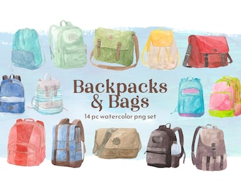 Back to School Bags and Backpacks, watercolor messenger bags, png clipart