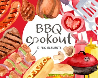 Barbecue cookout watercolor clipart, bbq summer food, meat burgers hotdogs, digital planner sticker, commercial use png