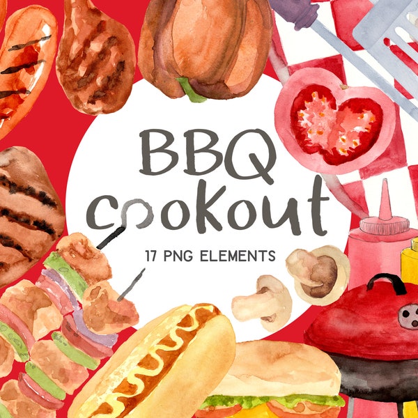 Barbecue cookout watercolor clipart, bbq summer food, meat burgers hotdogs, digital planner sticker, commercial use png