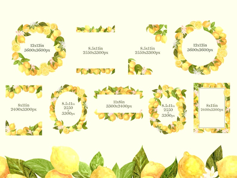 Yellow Lemon Frames and Borders Clipart, botanical citrus watercolor, wedding invitation graphics image 2