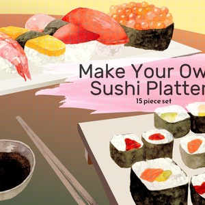 Watercolor Sushi Clipart, Digital Sticker, bento box set
