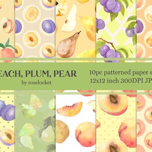 Acquerelli botanici di frutta a ripetizione, carta digitale Peach Plum e Pear