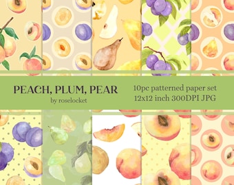 Botanical Fruit Watercolors Repeating Patterns, Peach Plum and Pear digital paper