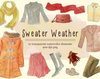 Acuarela Otoño Otoño Invierno Moda Clipart, suéteres, abrigos, pegatina de planificador digital