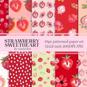 May include: A set of 10 digital paper patterns featuring various designs with strawberries. The patterns are in red, pink, white, and green. The text "STRAWBERRY SWEETHEART by roselocket" and "10pc patterned paper set 12x12 inch 300DPI JPG" is included in the image.