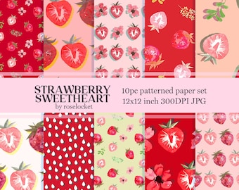 Sweet Summer Strawberry Fruit Repeating Patterns, Digital Paper Set