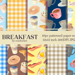 May include: A set of 10 digital paper patterns featuring breakfast foods, including coffee, donuts, eggs, bacon, and checkered patterns. The papers are 12x12 inches and 300 DPI.