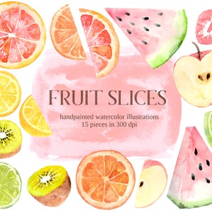 Ilustración de rodajas de frutas, acuarela png descarga instantánea, cítricos naranja kiwi pomelo sandía pegatinas tropicales
