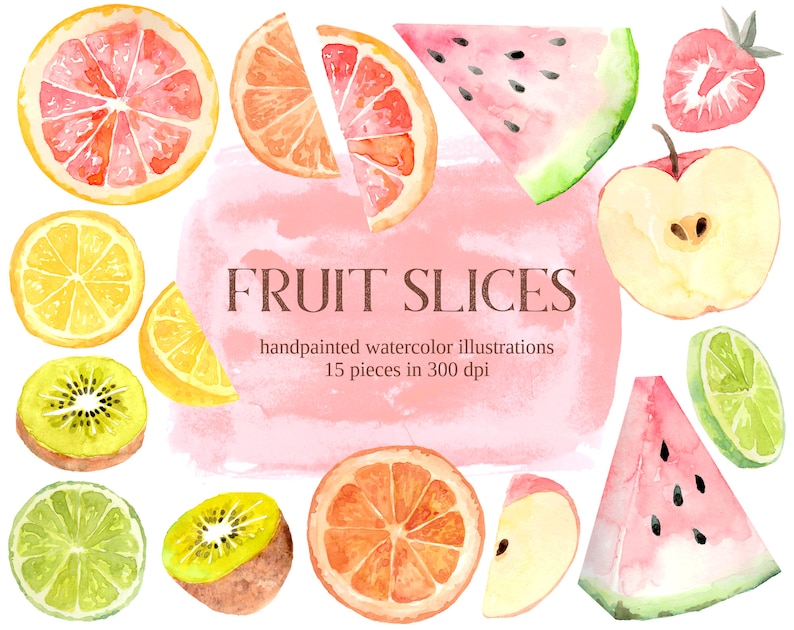 Fruit Slices illustration, watercolor png instant download, citrus orange kiwi grapefruit watermelon stickers tropical image 1