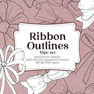 Ribbons and Bows Outlines, PNG Black and White Lineart for kids crafts, activities, and diy
