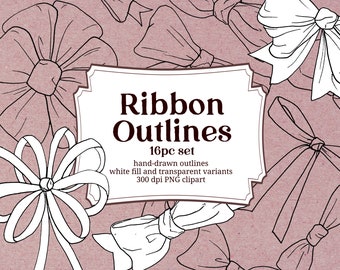 Ribbons and Bows Outlines, PNG Black and White Lineart for kids crafts, activities, and diy