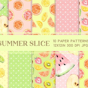 May include: Ten digital paper patterns featuring watercolour illustrations of sliced fruit, including watermelon, lemons, limes, oranges, grapefruits, kiwi, and apples. The patterns are on a light pink, light green, and yellow background with white polka dots.