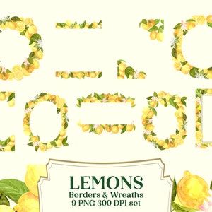 Yellow Lemon Frames and Borders Clipart, botanical citrus watercolor, wedding invitation graphics image 1