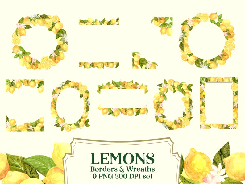 Yellow Lemon Frames and Borders Clipart, botanical citrus watercolor, wedding invitation graphics image 1
