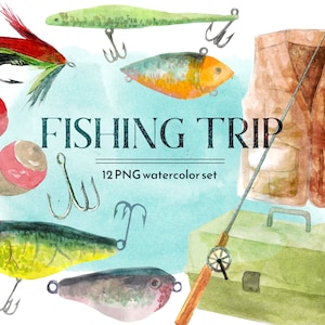 May include: A watercolor illustration of fishing gear, including a fishing rod, tackle box, fishing vest, lures, bobbers, and hooks. The text "FISHING TRIP" and "12 PNG watercolor set" is included in the image.