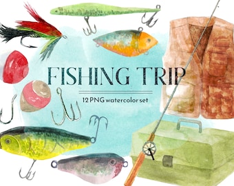 Fishing trip png clipart, summer outdoors, watercolor fish bait, father's day, scrapbooking, commercial use