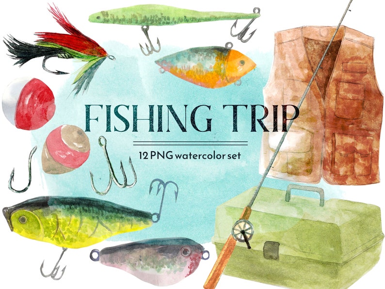 Fishing trip png clipart, summer outdoors, watercolor fish bait, father's day, scrapbooking, commercial use image 1