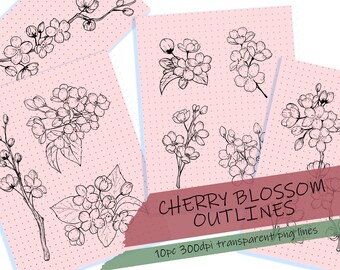 Cherry Blossom Branches Outlines PNG Clipart, Sakura doodle art