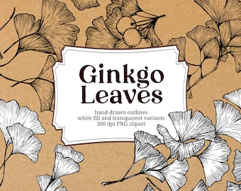 Ginkgo Leaves Outline, botanical line drawings, wedding foliage clipart, business labels