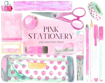 Pink Stationery Clipart, png download, back to school set, school supplies illustration, office supplies watercolor, pencil case art