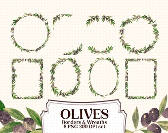 Watercolor Olive Laurels and Borders, transparent pngs for diy stationery and invitations