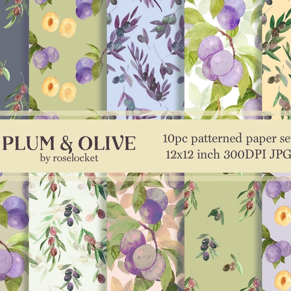 Plum and Olive Repeating Seamless Pattern, botanical digital paper, watercolor fruit, instant download