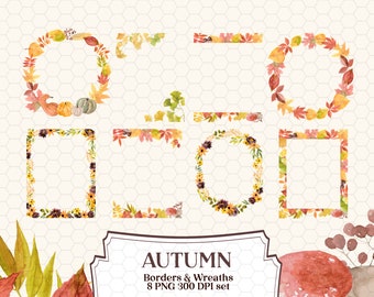 Watercolor Autumn Leaves and Borders, Fall Transparent PNG Clipart for Cards and DIY