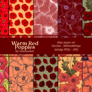 Ensemble de papier numérique botanique coquelicots chauds, motif répétitif de 12 x 12 pouces pour le bricolage, la fabrication de cartes et l'artisanat