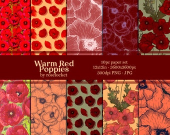 Warm Poppies Botanical Digital Paper Set, 12x12 inch repeating pattern for diy collage, cardmaking, and craft