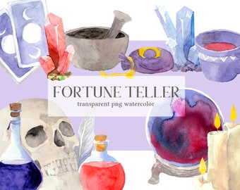 Magic Fortune Teller Watercolor Clip Art, Witch Occult PNG, Halloween Props Instant Download