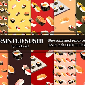 Painted Sushi Digital Paper Set, sushi roll repeating patterns image 1