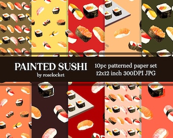 Painted Sushi Digital Paper Set, sushi roll repeating patterns