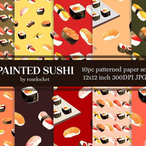 Painted Sushi Digital Paper Set, sushi roll repeating patterns