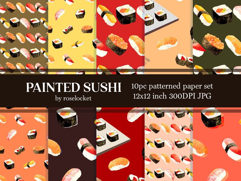 Painted Sushi Digital Paper Set, sushi roll repeating patterns image 1