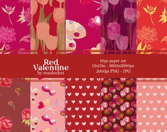 Red Valentine Repeating Printable Paper Patterns - 12x12in PNG and JPG