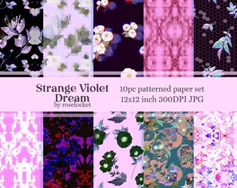 Violet Purple Glitch Floral Patterns, Digital Paper Set