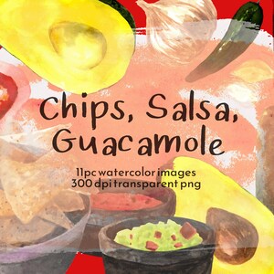 Könnte beinhalten: Aquarell-Illustration von Chips, Salsa, Guacamole, Avocado, Zwiebel, Jalapeño-Pfeffer und Tomate. Der Text "Chips, Salsa, Guacamole" ist in Schwarz auf rosa Hintergrund geschrieben. Der Text "11pc watercolor images 300 dpi transparent png" ist in Schwarz unter dem Haupttext geschrieben.