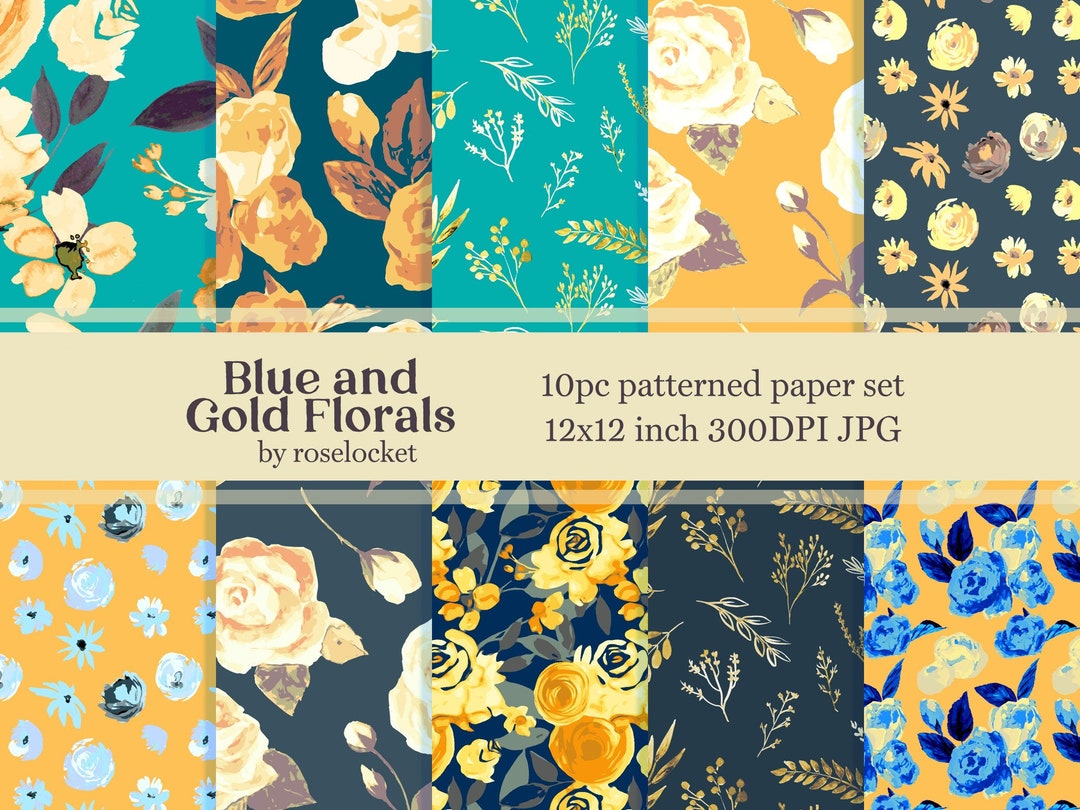 Blue and Gold Botanical Floral Paper Pattern, Printable Repeating ...