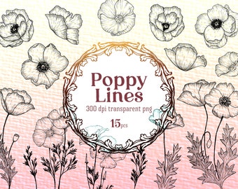 Line Drawing Poppies, minimalist botanical florals, black and white flower doodles for card making