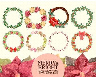 Christmas Wreaths Clipart, Holiday Borders for cards and crafts, Transparent PNG files