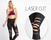 Ripped Distressed Leggings with Pocket Butter Soft Wide Waist Laser Cut Yoga Workout Athleisure Wear Active Leisurewear Fast Free Shipping