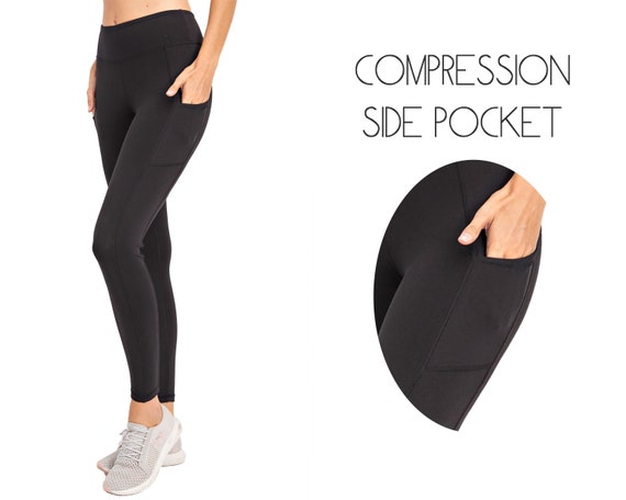 Compression Leggings W Side Pockets Butter Soft Wide Waist Premium