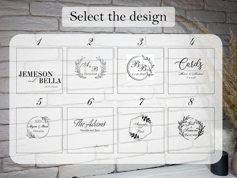 Op de afbeelding: Acht verschillende ontwerpen voor huwelijksuitnodigingen met verschillende lettertypen, bloemelementen en namen. De ontwerpen zijn genummerd van 1 tot en met 8.