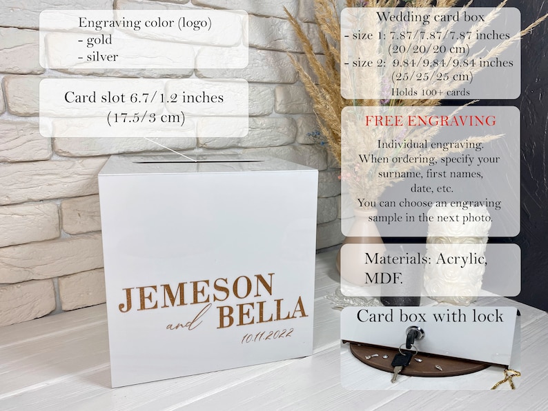 Op de afbeelding: Witte acryl bruiloft kaartenbox met een gleuf voor kaarten. De doos heeft een slot en is gegraveerd met de namen "JEMESON en BELLA" en de datum "10.11.2022". De doos is verkrijgbaar in twee maten: 20 cm en 25 cm.