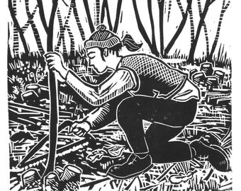 Original limited edition lino cut, Coppice worker II, by Jem Seeley