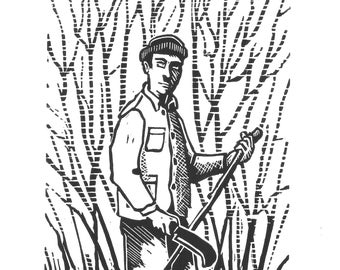 Original limited edition lino cut, Coppice worker I, by Jem Seeley