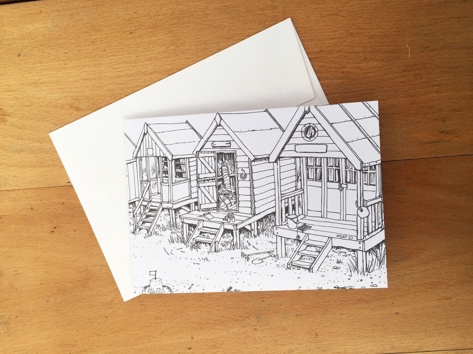 Beach huts card to colour plus envelope